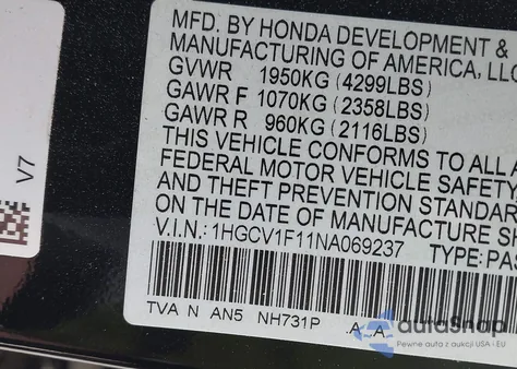 2022 Honda Accord Lx из США, поврежденный, VIN 1HGCV1F11NA069237